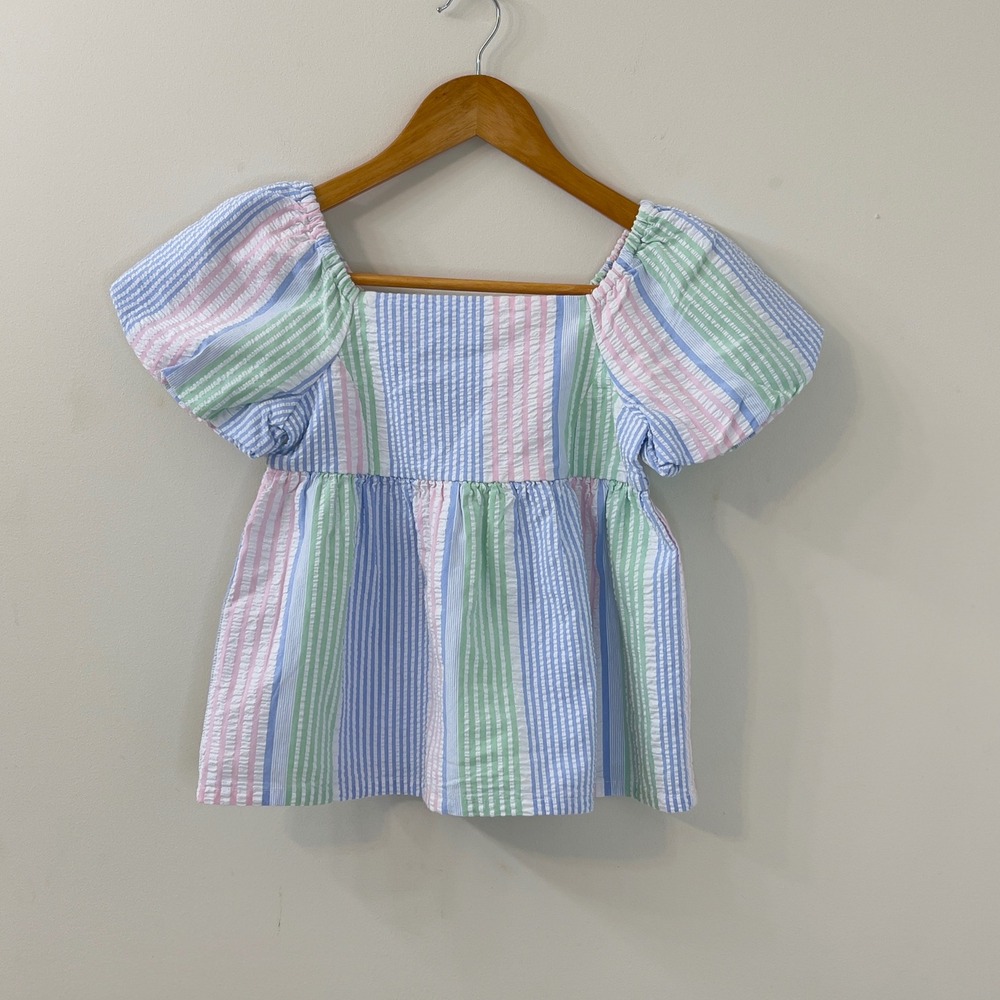 Crown & Ivy Kids Girls Small Seersucker Striped Puff Sleeve Smocked Top Pastel